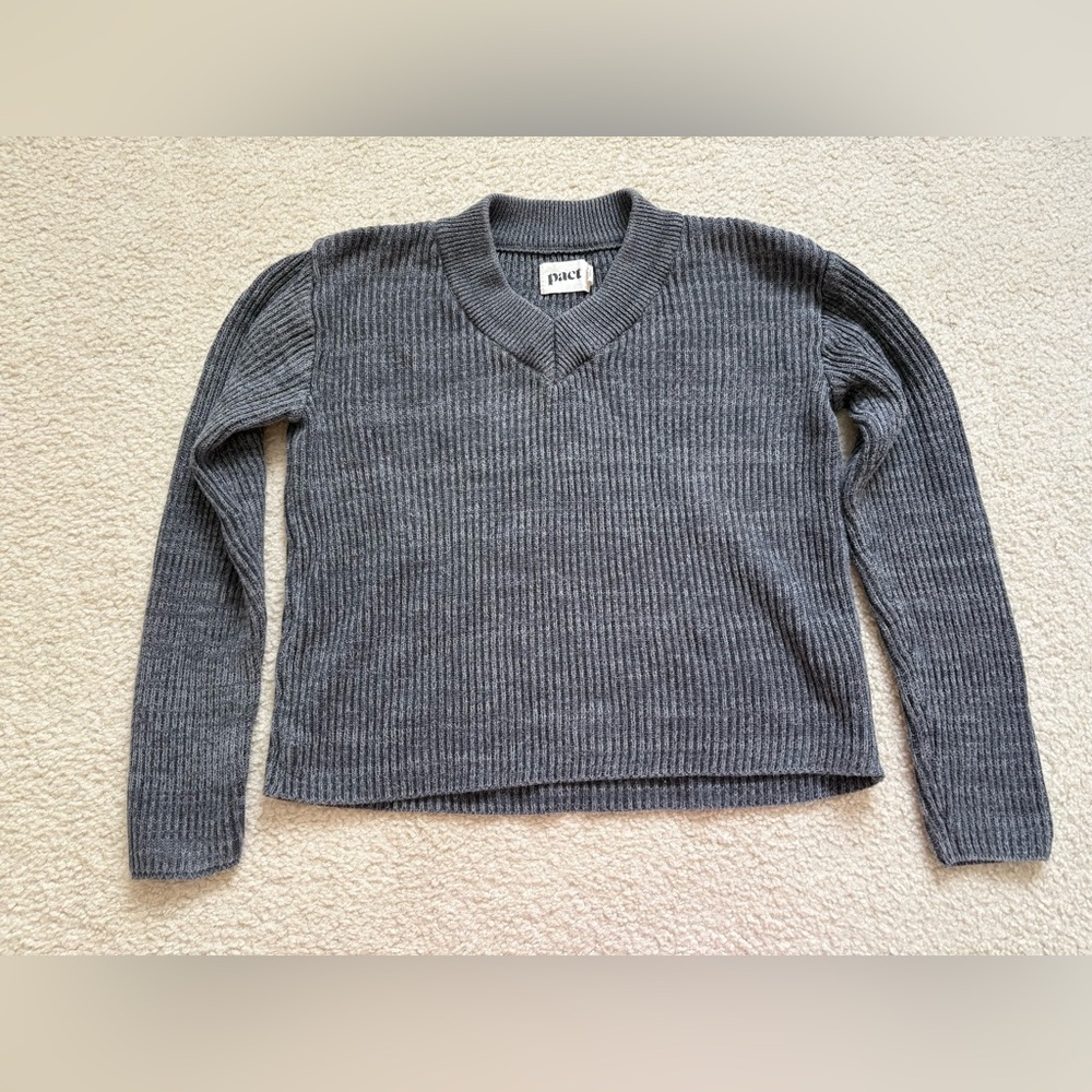 Pact grey chunky knit organic cotton gray v-neck fitted sweater sustain sz XS